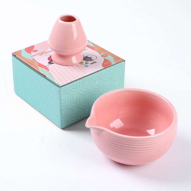 ZENRC Traditional Matcha Bowl with Pouring Spout and Whisk Holder (Reshaper) - Handmade Japanese Style Matcha Chasen Ritual Kit- 22oz Big Salad Porridge Juice Bowl Chawan (Baby Pink) - Image 1